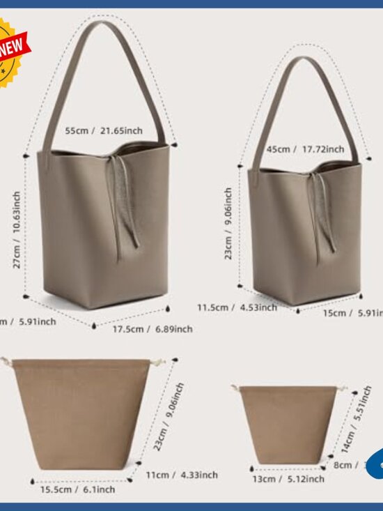 Genuine Leather Bucket Tote Bag with Credit Card Holder Wallet, Medium Size - Picture 4 of 7